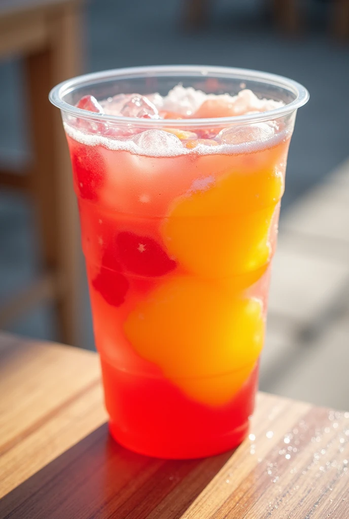 A handcrafted slush in a white plastic cup and red and yellow jellies