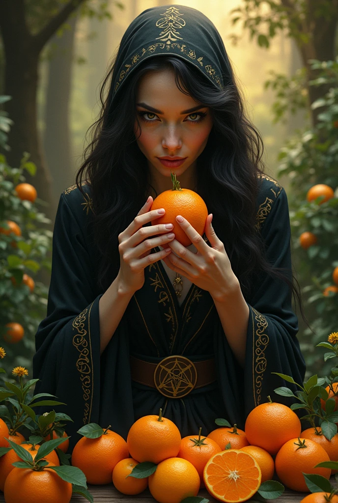 A witch eating oranges 
