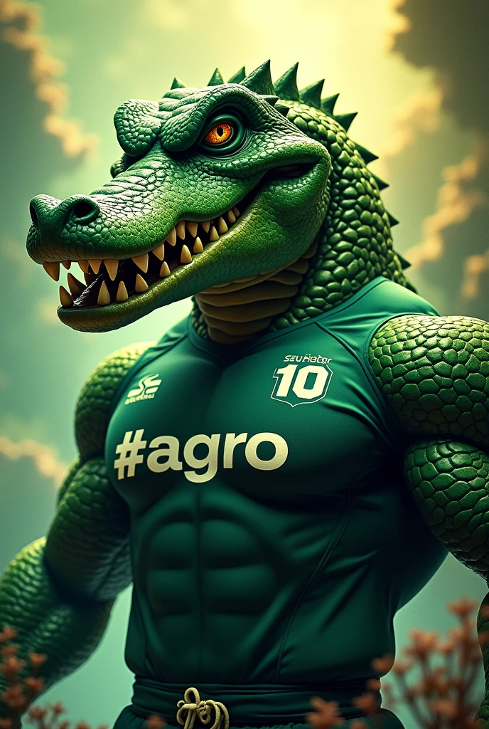 A muscular angry crocodile sports mascot wearing a green and yellow t-shirt that says "#AGRO 10" with corral background
