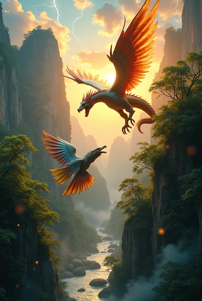 "A charming diorama depicting a fierce battle between the Besukih dragon and the giant Garuda bird with a surreal effect, featuring a two-sided, multi-layered view from the tropical forest cliffs to Mount Huashan. The dragon has silvery orange, slightly greenish scales, its mouth is wide open emitting bursts of fire with the effect of sparks bursting around it, and its long body wraps around the body and wings of the Garuda bird. The giant Garuda has a combination of blue, red and yellow feathers, sturdy legs equipped with claws, and yellow plasma. These scenes include a fierce duel in the sky above Mount Huashan, a tropical forest river flow, 3D cliffs, and the sunset in the evening. Add a lightning effect to the sky."