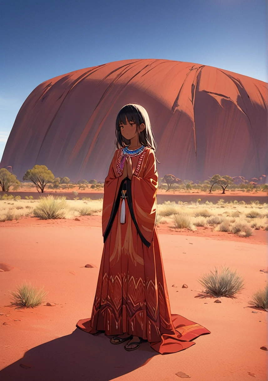 Aboriginal girl at Ayers Rock(Uluru)A scene of praying in front of the。少女はアボリジニがnakedにされ、Her face and body are adorned with ceremonial paint. She stands silently at the foot of Ayers Rock.、I'm praying with open arms。The vast Australian desert spreads out in the background.、It is characterised by red sand and dry vegetation.。The sky is a beautiful shade of orange and purple at dusk.、In the distance you can see the desert horizon。The grandeur of Ayers Rock、Australia's natural beauty comes together、Create a mysterious and moving scene。(((nsfw)))(((((naked)))))((((()))))((((infant))))((((Hata))))Small breasts、whole body