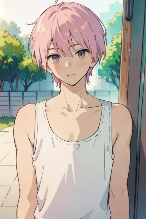 masterpiece, best quality, , 1boy, solo, male focus, looking at viewer, upper body, depth of field, pastel pink hair, pastel pink innocent eyes, tank top, manwha style, anime style 