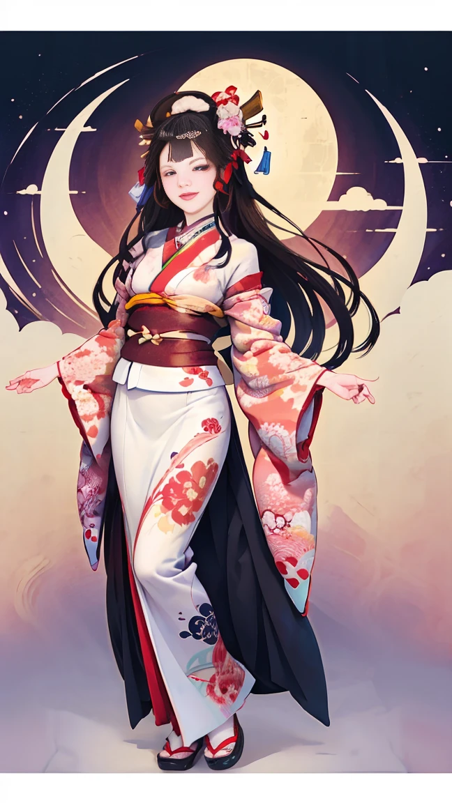 A beautiful woman smiles and shows her upper white teeth、Vividly colored Japanese Ukiyo-e style illustrations、(SeaArt creates stunning illustrations of beautiful women in kimono)、Brown-black long hair、Beautiful full body style、Let&#39;s dance a little Tokyo Ondo Yoiyoi、Beautiful new digital paintings,、Bright vibrant digital anime art、 Detailed digital anime art、 Beautiful anime portraits、background、Torii gate of a shrine in Kyoto, Japan、Detailed CG、