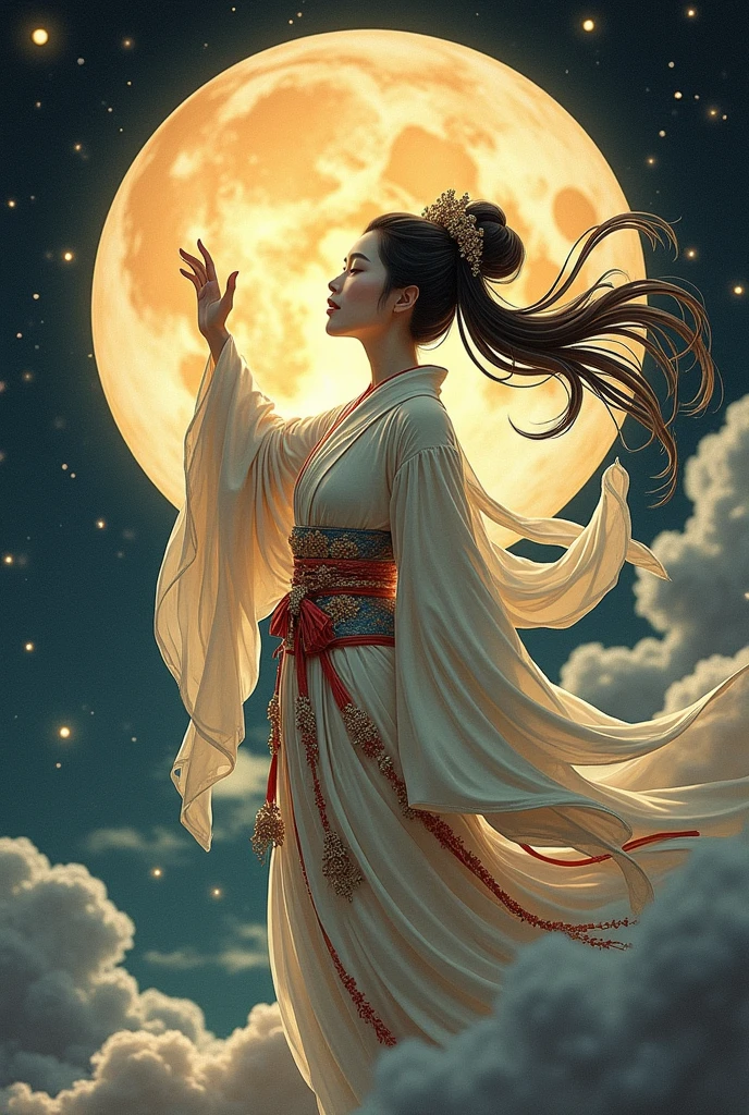 ((best quality)), moon goddess chang'e and a moon behind and ancient Japanese style and flying as if she wanted to reach the moon, One of her hands is raised towards the moon, It must look old, the sleeves of his suit are long , the moon is very far away from her