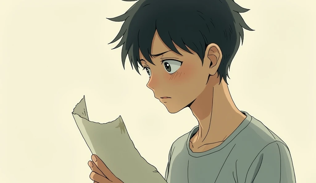 a young sad ager man holding a paper studio ghibli art style,studio ghibli art style,studio ghibli art style,studio ghibli art style