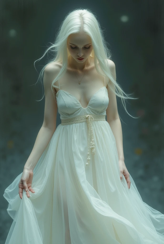 photograph of a woman in a white dress bending down to pick something up, monia merlo, inspired by thomas stothard, inspired by anders zorn, inspired by leonor fini, inspired by ray cesar, peter kemp, inspired by roberto ferri, inspired by konstantin somov, pale porcelain skin, pale fair skin, pale woman, portrait of albino mystic