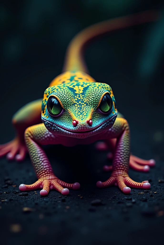 A company logo that is a black tropical gecko with some spots on its pink and yellow skin and green eyes for use on corporate uniforms. It should be seen from a superior perspective as if it were walking on the ground with all four legs facing away from the image showing the back of the animal with its head facing north.