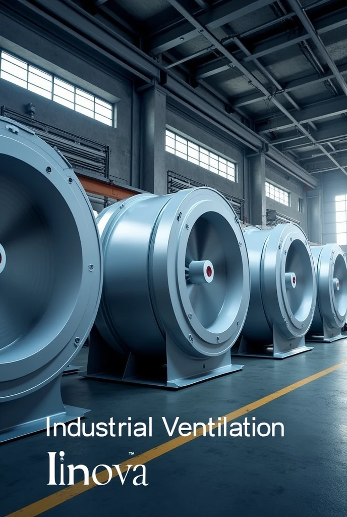 Generate an advertising image of industrial fans , that says in the title industrial ventilation INOVA