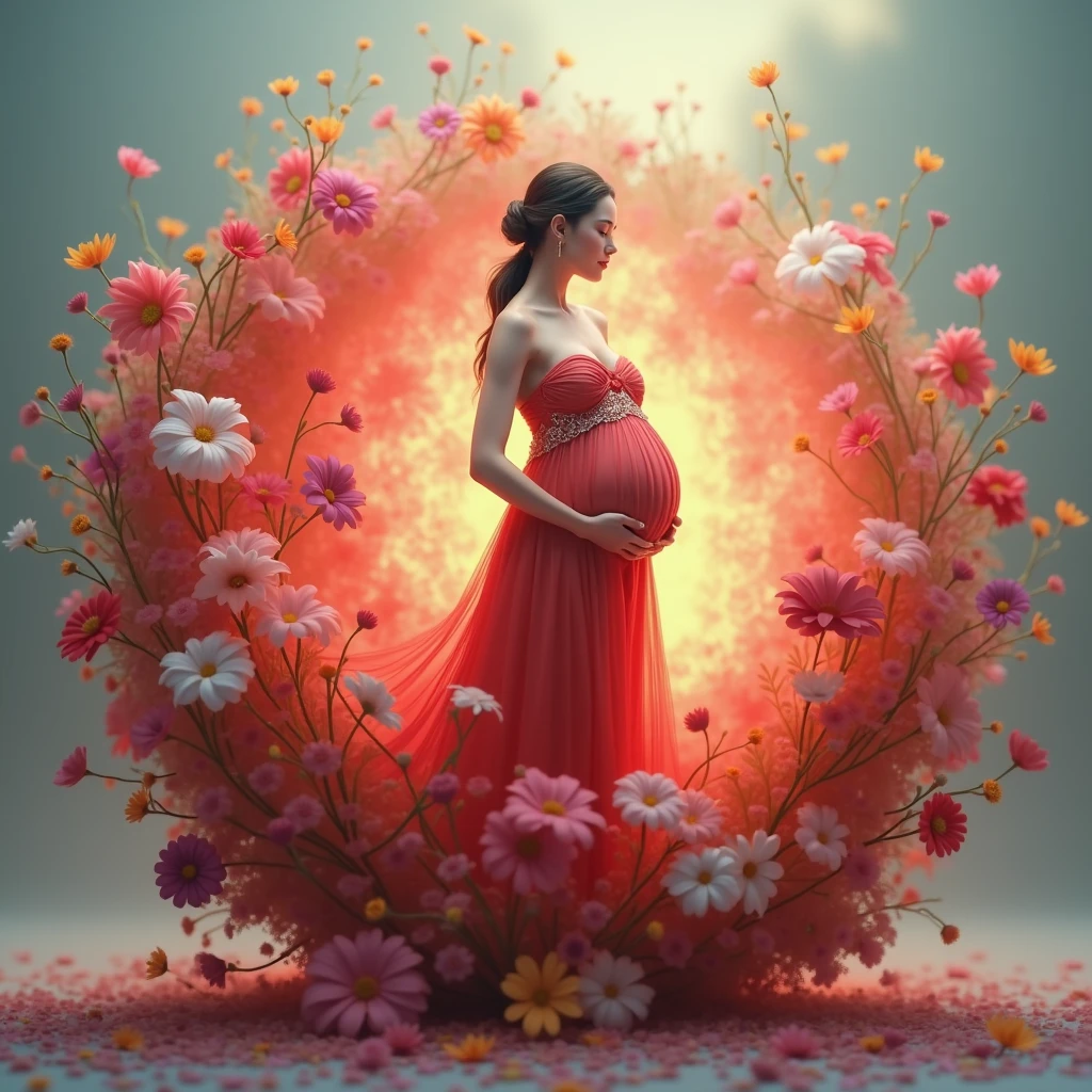 pregnant woman in a red dress standing in a field of flowers, digital art inspired by Igor Kieryluk, cgsociety contest winner, digital art, beautiful digital artwork, maternal photography 4 k, beautiful gorgeous digital art, beautiful digital art, beautiful digital illustration, gorgeous digital art, perky woman made of petals, stunning digital illustration, very beautiful digital art, a beautiful artwork illustration