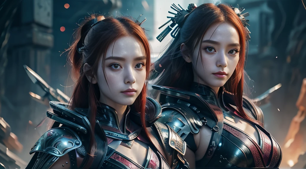 high quality,high resolution,masterpiece,8K,(超realism的照片),(portrait),Digital Photography,(realism:1.4),20 year old girl,Exquisite facial features,Purple Eyes,Red Eyeshadow,((Cyberpunk style Chinese warrior)),Random Hairstyle,(Red hair),Large Breasts,,(Cyberpunk combat suit that blends science fiction and ancient Chinese style,hollow-carved design,Metal shoulder pads,Intricate clothing patterns,Takekasa),(Show your belly button),shut your mouth,frown,Smile,Cold and serious,Extremely meticulous expression,Real details,Light Magic,Photo poses,oc render reflection texture