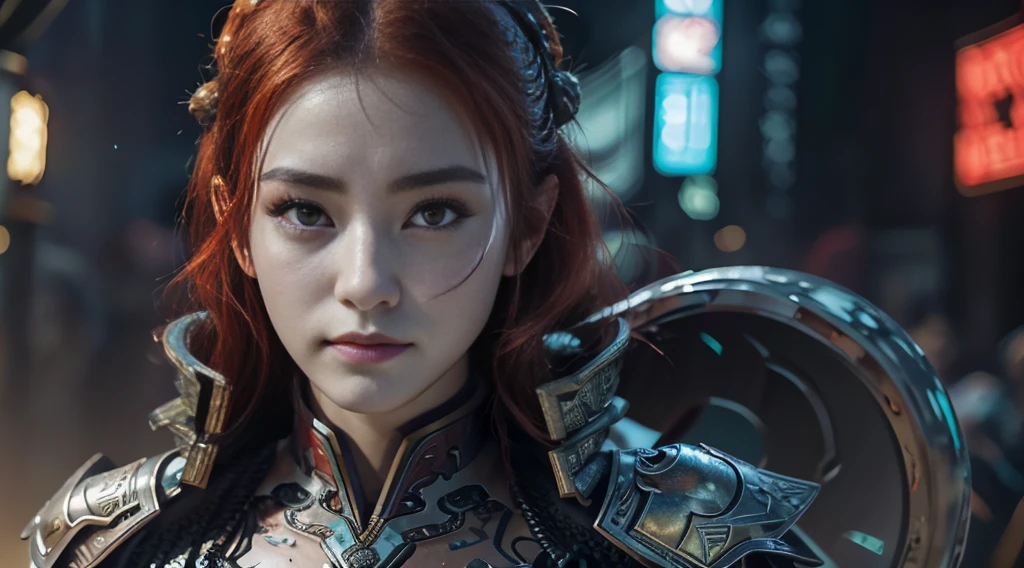 high quality,high resolution,masterpiece,8K,(超realism的照片),(portrait),Digital Photography,(realism:1.4),20 year old girl,Exquisite facial features,Purple Eyes,Red Eyeshadow,((Cyberpunk style Chinese warrior)),Random Hairstyle,(Red hair),Large Breasts,,(Cyberpunk combat suit that blends science fiction and ancient Chinese style,hollow-carved design,Metal shoulder pads,Intricate clothing patterns,Takekasa),(Show your belly button),shut your mouth,frown,Smile,Cold and serious,Extremely meticulous expression,Real details,Light Magic,Photo poses,oc render reflection texture