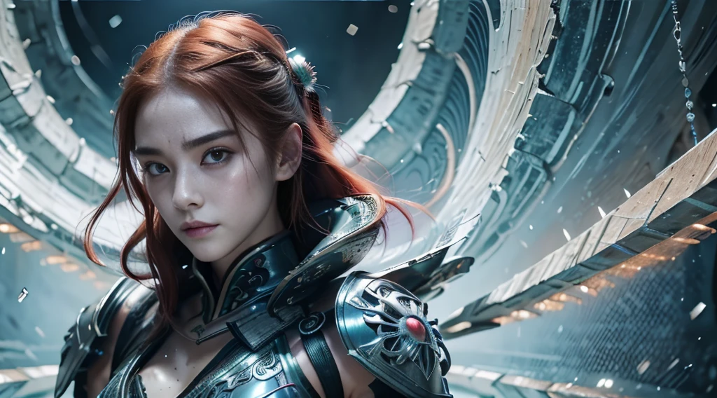 high quality,high resolution,masterpiece,8K,(超realism的照片),(portrait),Digital Photography,(realism:1.4),20 year old girl,Exquisite facial features,Purple Eyes,Red Eyeshadow,((Cyberpunk style Chinese warrior)),Random Hairstyle,(Red hair),Large Breasts,,(Cyberpunk combat suit that blends science fiction and ancient Chinese style,hollow-carved design,Metal shoulder pads,Intricate clothing patterns,Takekasa),(Show your belly button),shut your mouth,frown,Smile,Cold and serious,Extremely meticulous expression,Real details,Light Magic,Photo poses,oc render reflection texture