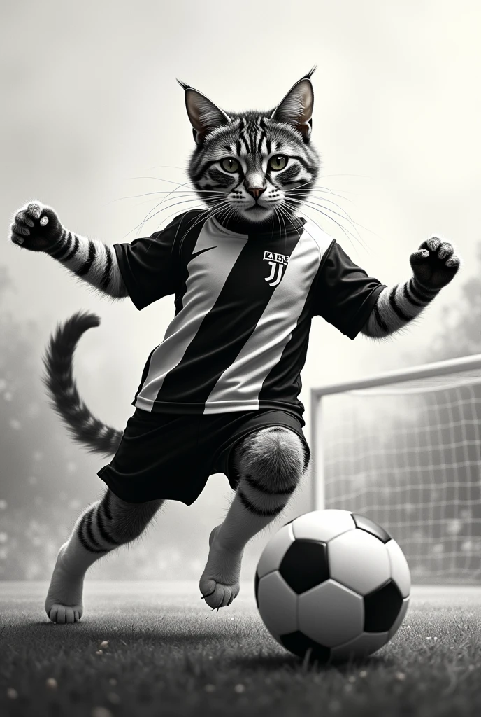 Cat scoring a great goal in a black and white diagonal striped shirt