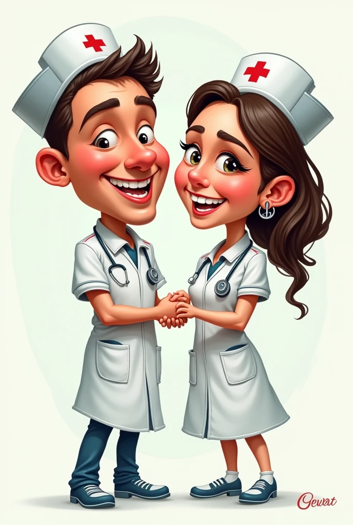 Caricature of a man and a woman as a couple of nurses 