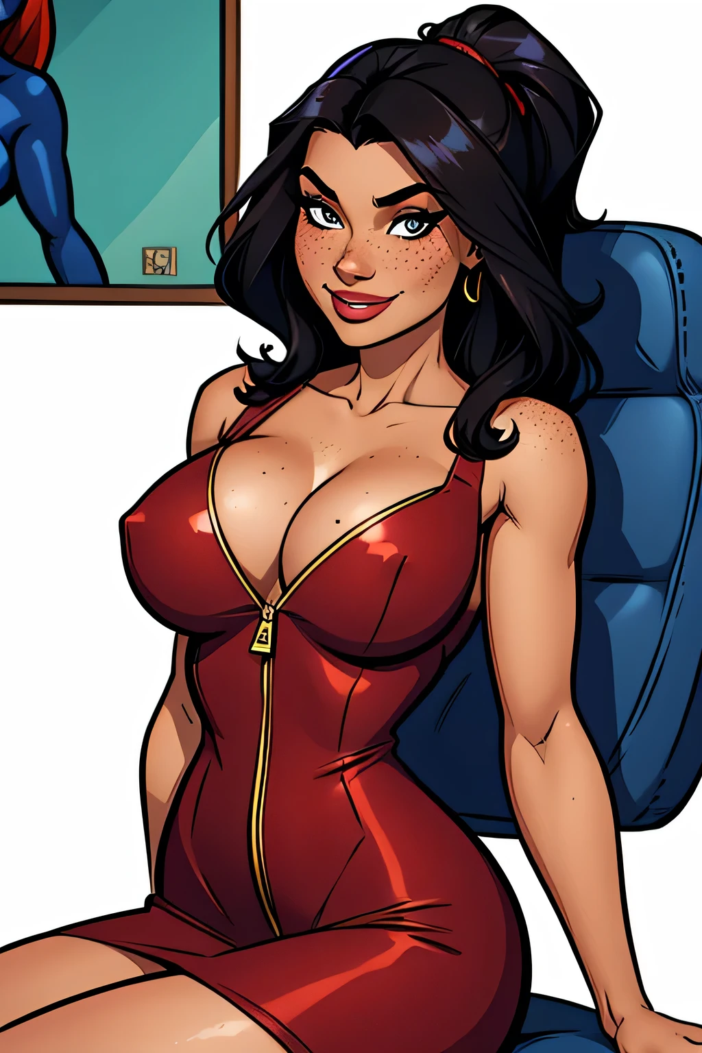 Thin woman (Elexis Sinclaire), age 25, 4K (High definition), beautiful smile, seducing gaze, eyes browns, wearing red dress (with side zipper, V neckline), arms positioned at the side of the body, pele caucasiana, Bblack hair (up to the shoulders), sitting in a chair (on a desk), full of curves with freckles on her  and neck, natural round . High-quality Marvel style, white background.