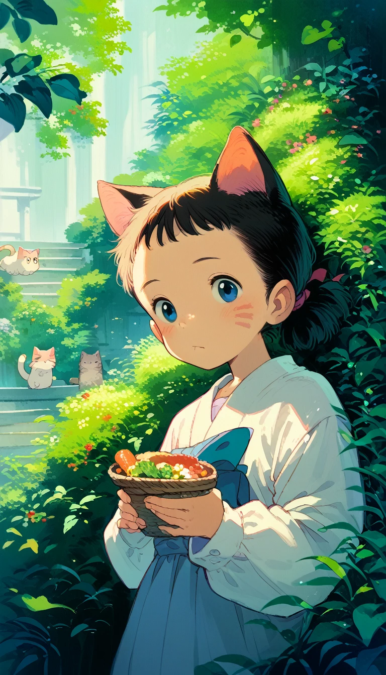 cozy cat ,cottagecore aesthetic,kawaii cat,ghibli aesthetic,no people