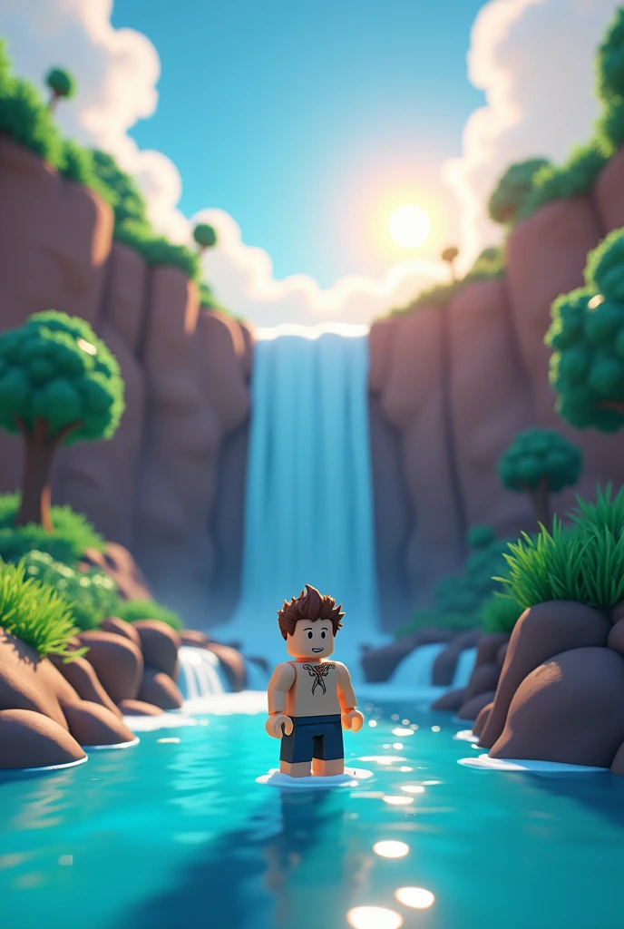 A roblox map with a waterfall
,a beautiful sky and a noob style player