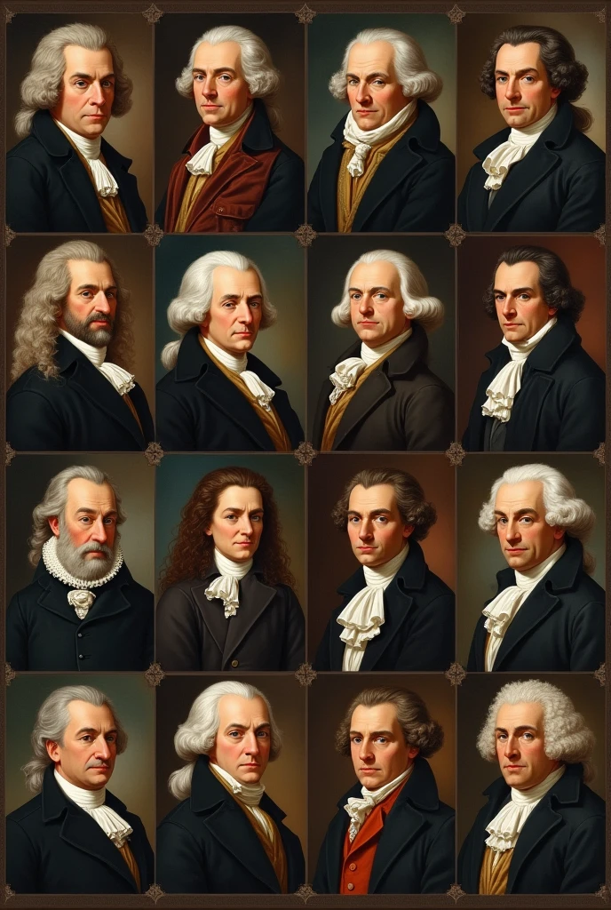 
Cesare Beccaria, George Berkeley, Denis Diderot, David Hume , Immanuel Kant, Lord Monboddo, Montesquieu, Jean-Jacques, Rousseau, Adam Smith , Hugo Grotius, and Voltaire. Imagenes de los 12