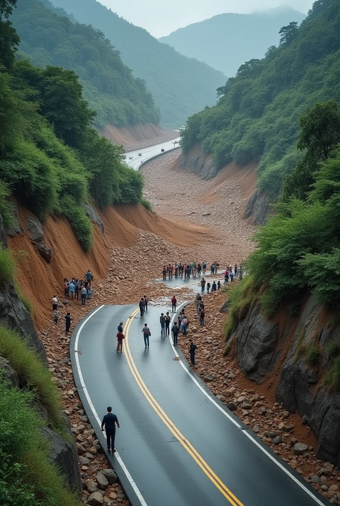 Imagine u are drone at the sky and take a picture about a landslide happened at the road and the landslide are blocking peoples way and people are taking photo of it,please picture it from ur side cuz u are drone,make another one