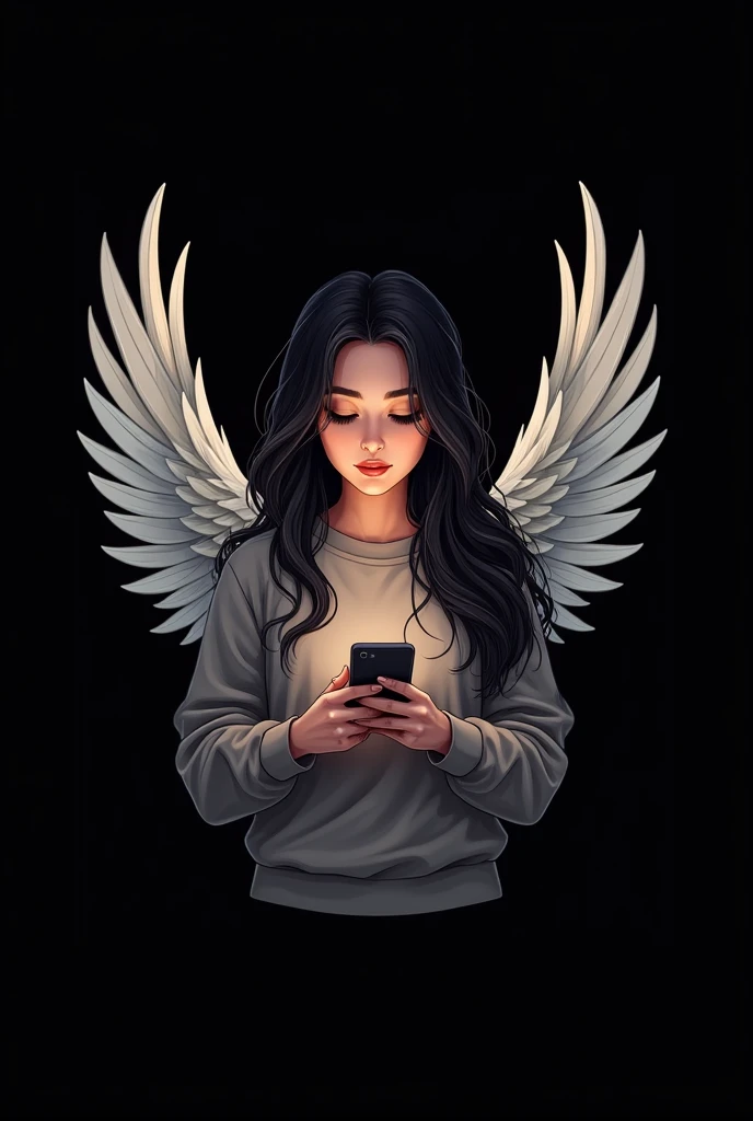 Can you create a logo for me where there is a girl with long black hair, brown eyes and a sweatshirt that has big, long angel wings and headphones playing with her cell phone and below it has the letters " THE ROSE OF COD" with black background