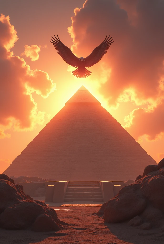 a pyramid with an eagle behind it at sunrise