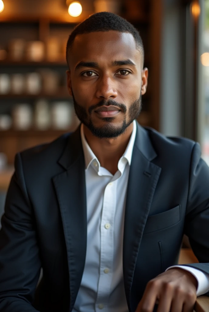 Somali boy age 25 wearing suit sitting in the coffee shop French crop haircut seening the camera