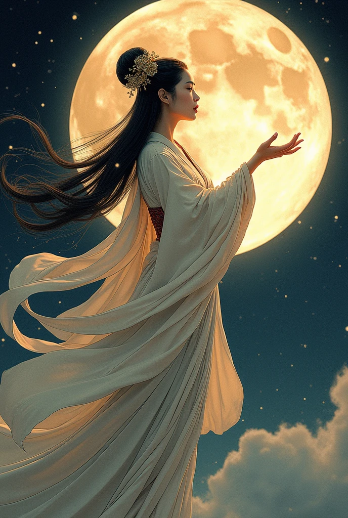 ((best quality)), moon goddess chang&#39;e and a moon behind and ancient Japanese style and flying as if she wanted to reach the moon, One of her hands is raised towards the moon, It must look old, the sleeves of his suit are long , the moon is very far away from her