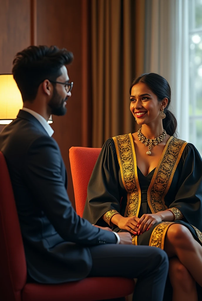 Wearing full body Academic regalia wealthy sri lankan average beautiful girl(big large breasts and butt) sit in chair with sri lankan wealthy age 35 young spec's man (software,electrical,garments companies owner)