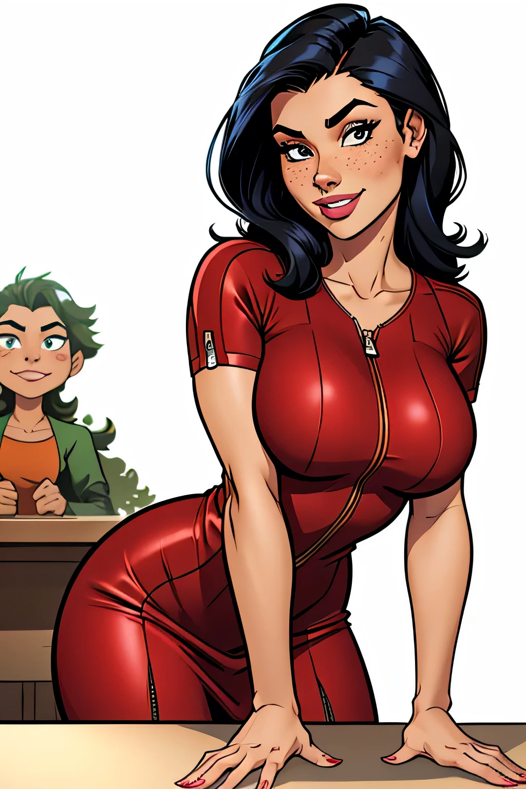 Thin woman (Elexis Sinclaire), age 25, 4K (High definition), beautiful smile, seducing gaze, eyes browns, wearing red dress (with side zipper, shortsleeves, V neckline), arms positioned at the side of the body, pele caucasiana, Bblack hair (up to the shoulders), standing (inclined change, hands on a table in front of you), full of curves with freckles on her chest and neck, natural round breasts. High-quality Marvel style, white background.