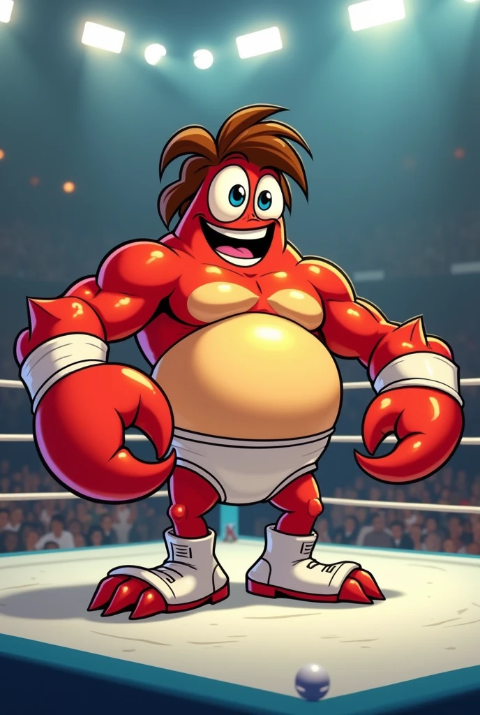 cartoon sand crab dressed like WWE wrestler Tito Santana.

Cartoon sand crab body. Cartoon sand crab face. Cartoon sand crab arms. Cartoon sand crab hands. Cartoon sand crab legs.


Brown wavy hair. In a wrestling ring.

White underwear. White wrestling boots. 