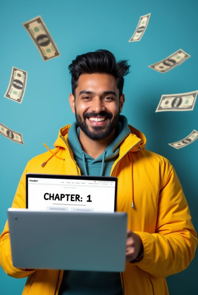 The image shows a young white handsome Indian man with small attractive black beard holding a laptop with the text "CHAPTER: 1" and chat gpt perfect and clear logo on the screen. He is wearing a yellow jacket and has a big smile on his face. The background is blue and there are dollar bills flying around him, suggesting that he is in the middle of a financial transaction. The text and logo on the laptop screen are in black and white. The overall mood of the image is cheerful and positive.