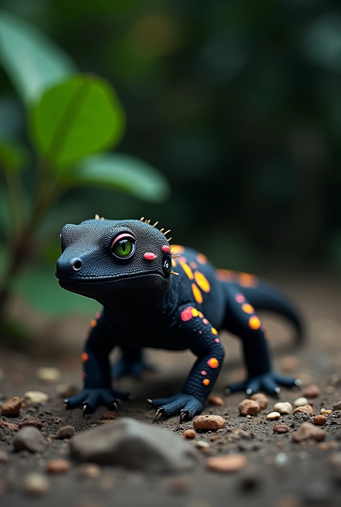 A company logo that is a black tropical gecko with some spots on its pink and yellow skin and green eyes for use on corporate uniforms. It should be seen from a superior perspective as if it were walking on the ground with all four legs facing away from the image, showing the entire back of the animal towards the image with its head facing north.