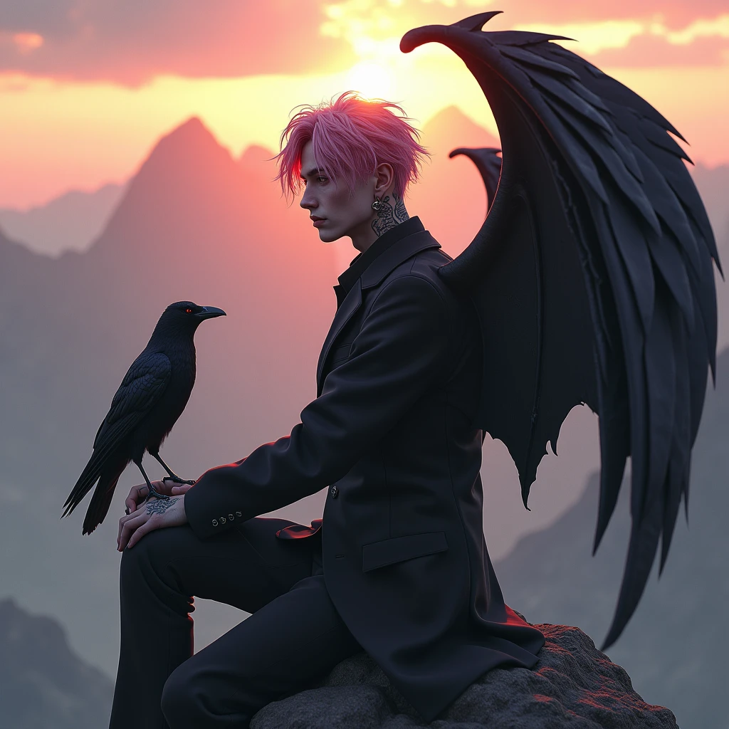 Angel male 30 years old, pale skin, luminescent red eyes, pink hair, big and black bat wings, wearing black suit, with piercings and old tattooed symbols, holding a crow on top of mountain in sunrise., messy hair, Hyperrealism, god rays, glowing light, UHD, anatomically correct, 1080P