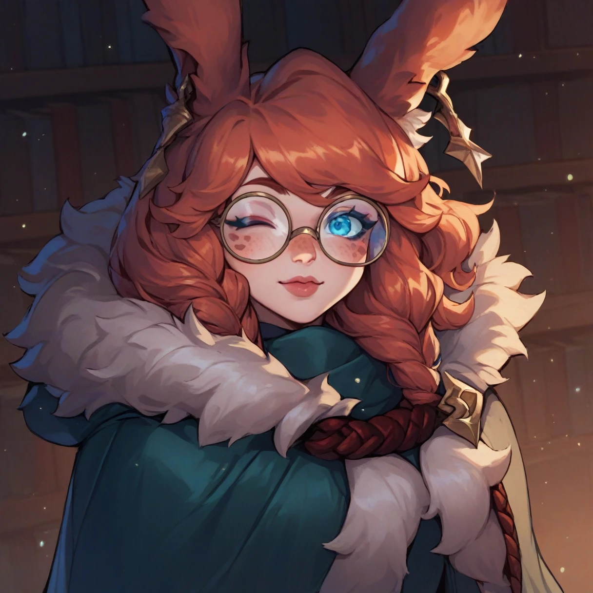 score_9, score_8_up, score_7_up, aurora (league of legends), 1girl, blue eyes, bunny ears, freckles, bangs, braid, green cape, fur trim, hood down, library, round glasses, earrings, wink eye, orange hair, short and wavy