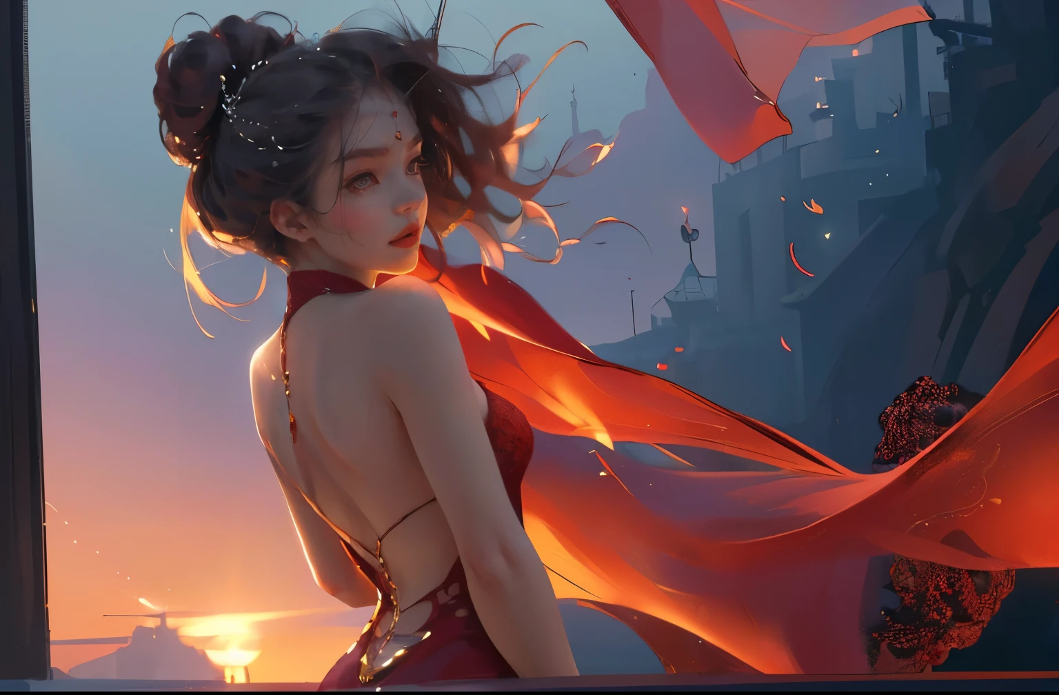 (practical, Photorealistic:1.37), (masterpiece, Highest quality:1.2), (Ultra-high resolution:1.2), (Original photo:1.2), (Clear focus:1.3), (Face Focus:1.2), (Highly detailed CG Unity 8k wallpaper:1.2), (Beautiful Skin: 1.2), (Pale skin:1.3), (Super sharp focus: 1.5), (Super sharp focus:1.5), (Beautiful and clean face:1.3), (非常にDetailed Background, Detailed Background:1.3), Bokeh, Depth of written boundary, rest, Image of a Very Cute and Beautiful Japanese Woman, , business suit, (2:1.1), smileの少女の肖像画, Full body image, from the front, Symmetrical Configuration, (Studio Lighting:1.3), (Cinema Lighting:1.3), (Rear window lighting is backlit:1.3), (surface light:1.3), Light Enveloping Her Entire Body, Looking straight at you, Persistence, Sexy model posing, rest, (Chestnut Half-Hair:1.2), Light green eyes, Beautiful Eyes, Princess Eyes, Mahogany Hair, A single hair, bangs, slim, Abdominal muscles, (Huge breasts;1.35), (Willow West:1.15), (Details of a beautiful girl:1.4), (Elegant and gorgeous deep red lace silk red wedding dress:1.3), (BaliOcean view背景:1.2), (smile, happiness:1.3), ((Perfect female body)), (Upper body image:1.3), Encircling the head, Perfect Dramatic, Volumetric lighting, Professional majestic oil painting, Glowing Skin, CT Anatomy, Perfect Proportions, 8.Five Really Small, Face Focus, Ultra practical Photo, Extremely clear images, Ultra-high definition images, Bali, Ocean view, nature, External, ((walking beach:1.2,evening,Sunset,夜空にたくさんのstarが美しく輝いている, 長時間露光されたstar空に、Many circular orbits are visible in the image.,無数のstarが輝き、Shining with a fantastic light. star々is bright and vivid)),