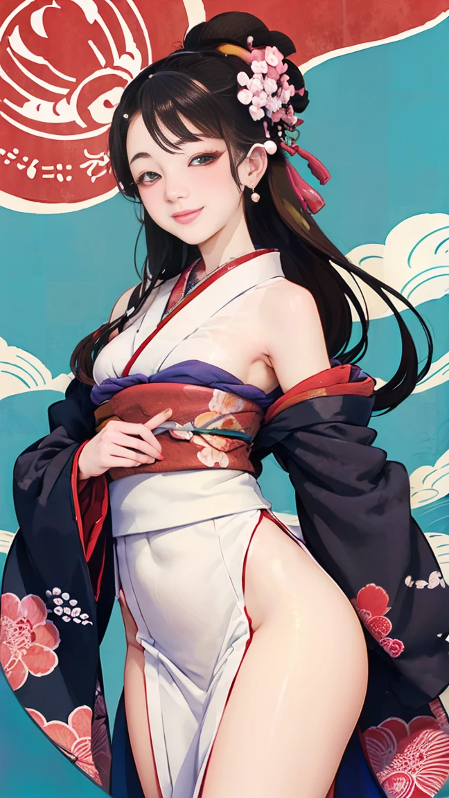 A beautiful woman smiles and shows her upper white teeth、Vividly colored Japanese Ukiyo-e style illustrations、(SeaArt creates stunning illustrations of beautiful women in kimono)、Brown-black long hair、Beautiful full body style、Let's dance a little Tokyo Ondo Yoiyoi、Beautiful new digital paintings,、Bright vibrant digital anime art、 Detailed digital anime art、 Beautiful anime portraits、background、Torii gate of a shrine in Kyoto, Japan、Detailed CG、