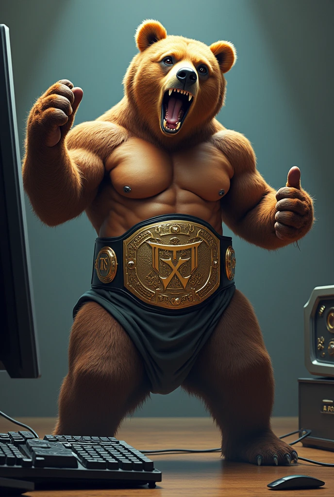 A brown bear wearing baggy pants and no shirt with a wrestling belt on that says TSR , super muscular , with a computer keyboard and a blank screen in front. He's rapping and standing but he's rapping to the inert monitor, that the screen is seen from the side
