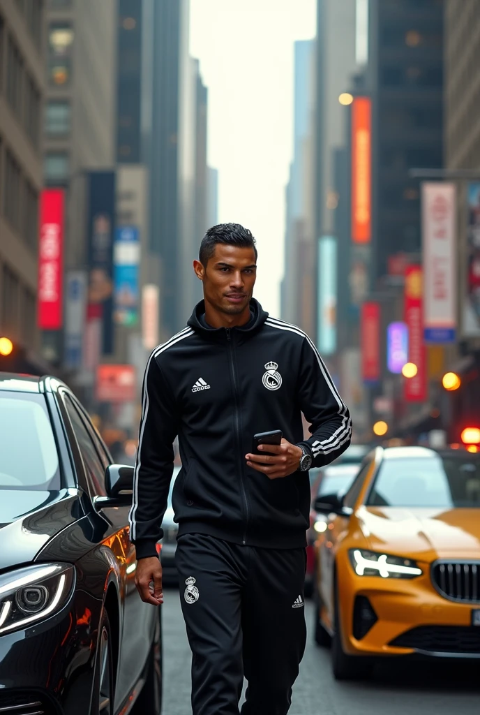 Cristiano Ronaldo sur les rues de new York , porte un survêtement de real madrid noir,avec un cortège des voitures de luxes et les gens le film et il souris,manipule sont téléphone,assise dans sa voitures