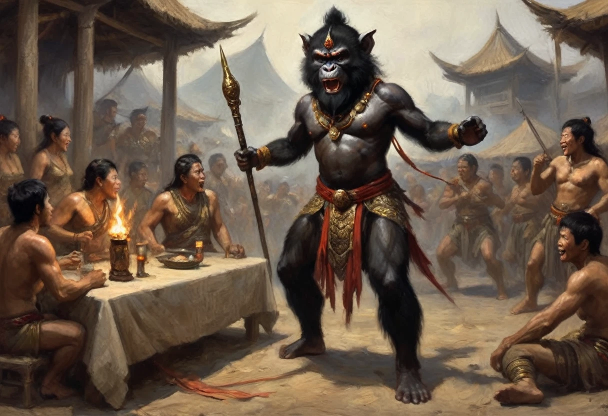 (Black Myth Wukong) A sexy belly dancer (asian woman, large breasts, large butt, sheer dress made of several veils, beetled bra, hourglass figure, laughing face of Black Myth Wukong, dark hairy powerful ape arms) is making a surprised face and shoving a spear in the enemy general, war tent lit with torches, tables of drunken confused warriors. camera is at the evil general
