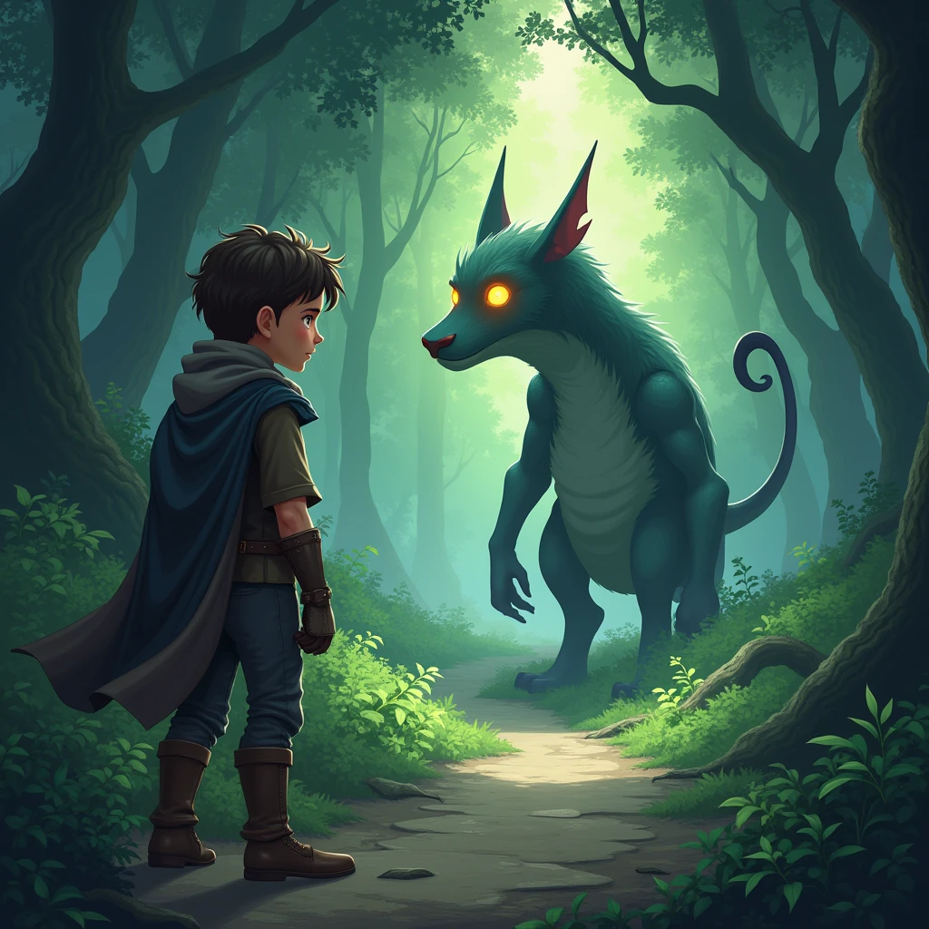"Kael confidently solves the creature's riddle, his eyes shining with intelligence as he continues deeper into the forest."