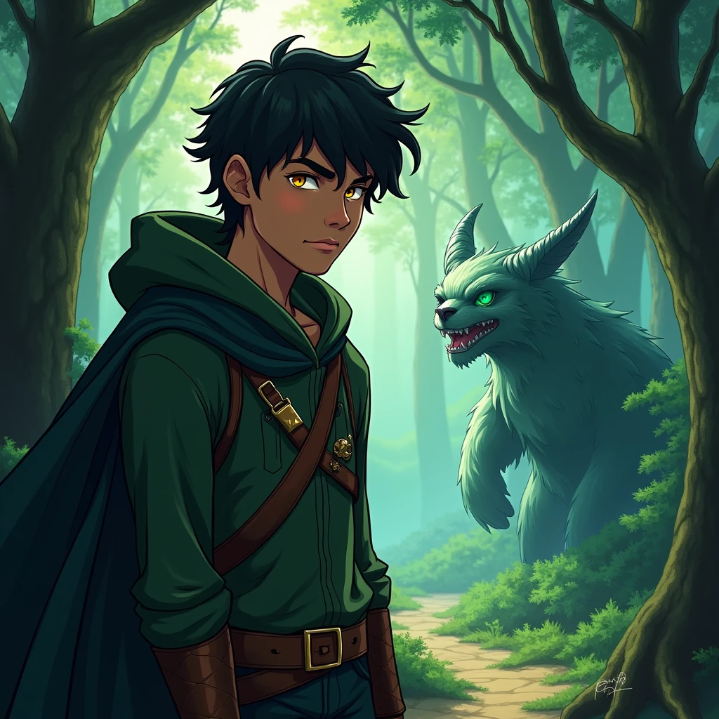 "Kael confidently solves the creature's riddle, his eyes shining with intelligence as he continues deeper into the forest."