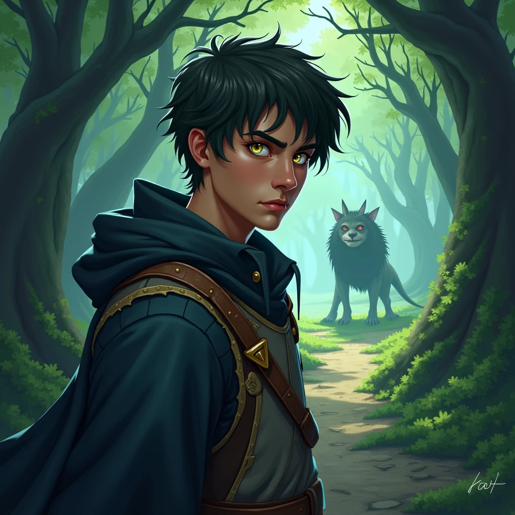 "Kael confidently solves the creature's riddle, his eyes shining with intelligence as he continues deeper into the forest."