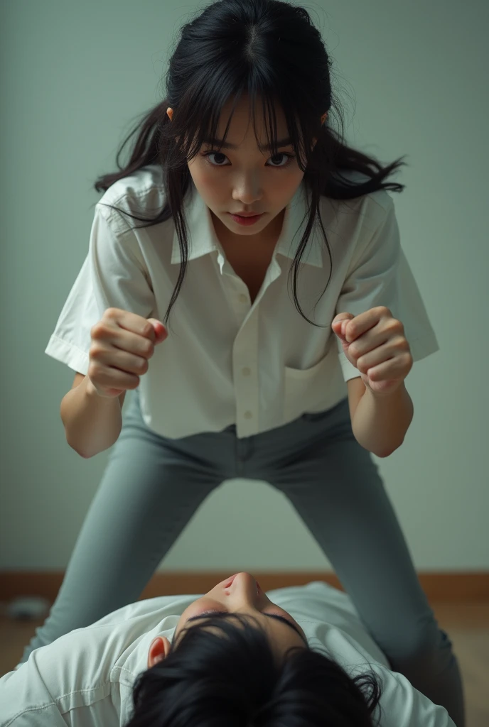 A Korean woman wearing white shirts and gray leggings is sitting on a lying man and clenching her fists, young korean girl, Idol