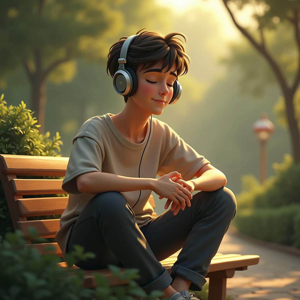 Create a picture for my music channel which I am to set on profile this should be ai image for boy wearing headphones in a relax mode listening music sitting on a bench