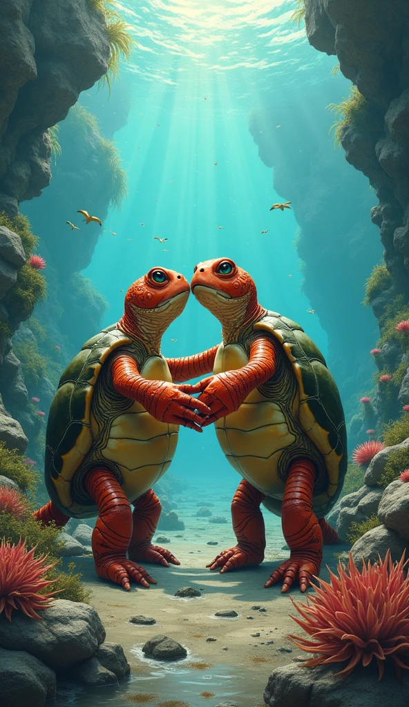 Turtles and lobsters are really in love with each other. Rocky and watery background