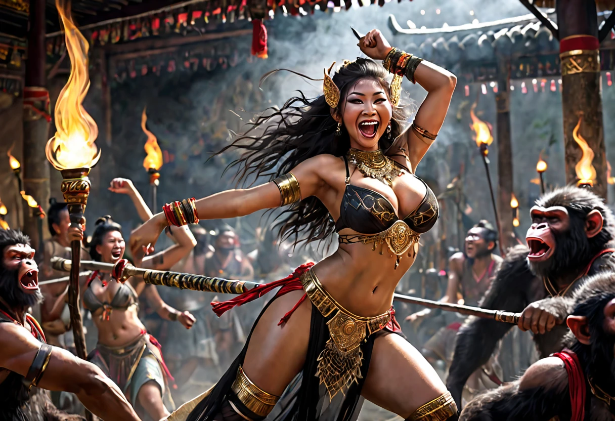 (Black Myth Wukong) A sexy belly dancer (asian woman, large breasts, large butt, sheer dress made of several veils, beetled bra, hourglass figure, laughing face of Black Myth Wukong, dark hairy powerful ape arms) is making a surprised face and shoving a spear in the enemy general, war tent lit with torches, tables of drunken confused warriors. camera is at the evil general
