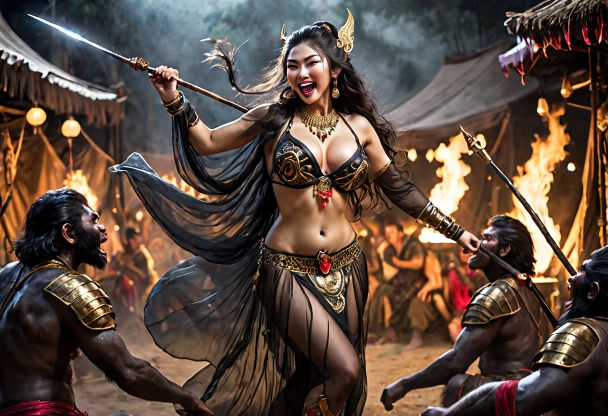 (Black Myth Wukong) A sexy belly dancer (asian woman, large breasts, large butt, sheer dress made of several veils, beetled bra, hourglass figure, laughing face of Black Myth Wukong, dark hairy powerful ape arms) is making a surprised face and shoving a spear in the enemy general, war tent lit with torches, tables of drunken confused warriors. camera is at the evil general