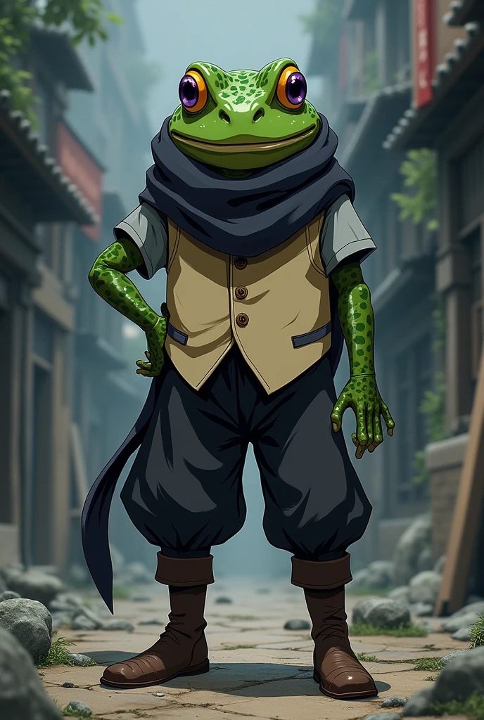 CCreate an illustration in the exact art style of 'Bleach: Thousand-Year Blood War,' depicting an anthropomorphic frog named Gratug. Gratug has purple pupils and yellow eyelids. He wears a dark gray scarf around his neck, a beige vest over a gray shirt, dark gray gloves, dark gray pants, and long brown boots.