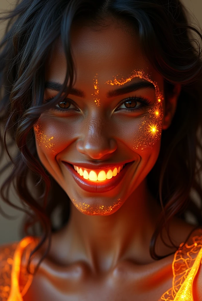 (High resolution, sharp, fractal), Single women, Super Glowing Skin, big , Wicked Smile, Brown Skin