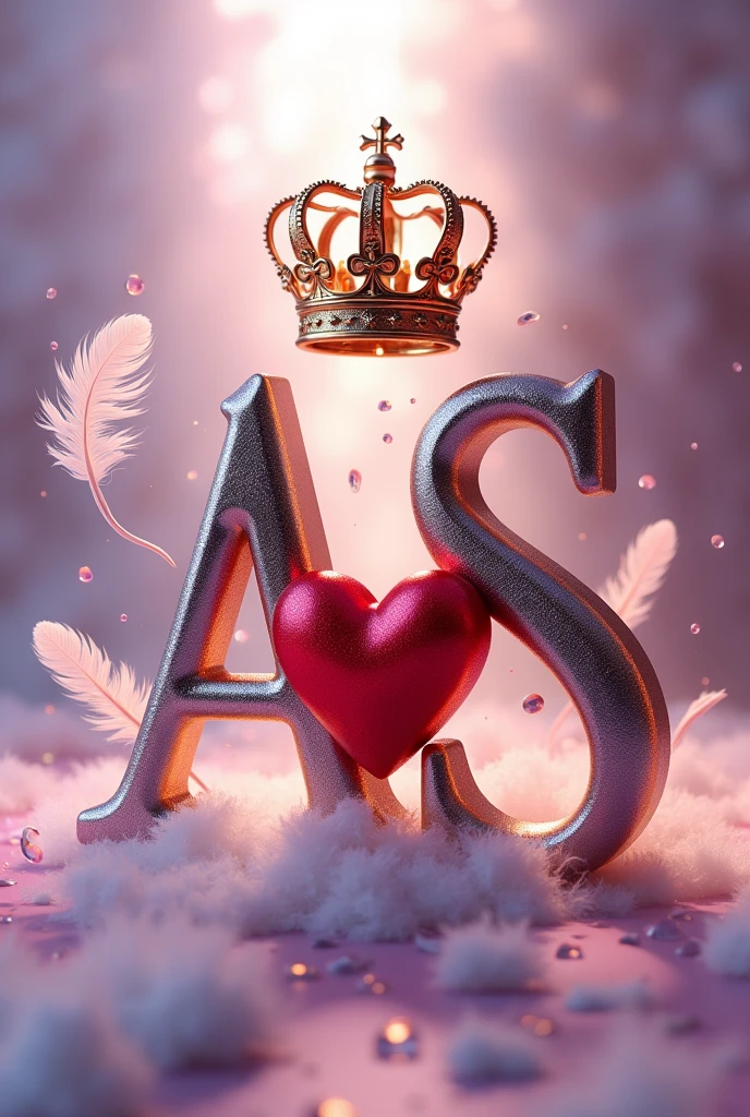 A 3d render of the two letters "A" and "S" in a purple and gold metallic font with a golden British crown above both letters and a white feather , with a light shine behind the word, and a silver swirl underneath. A red heart between both letters, The background is a light gray.